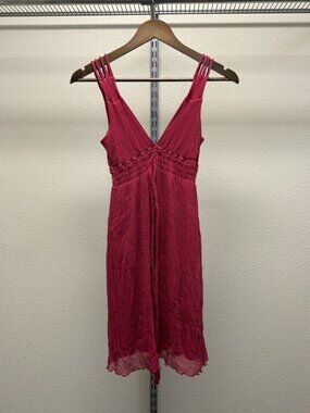 Koan Pure Silk Raspberry Crinkle Mini Dress Braided Straps Smocked IT 42
